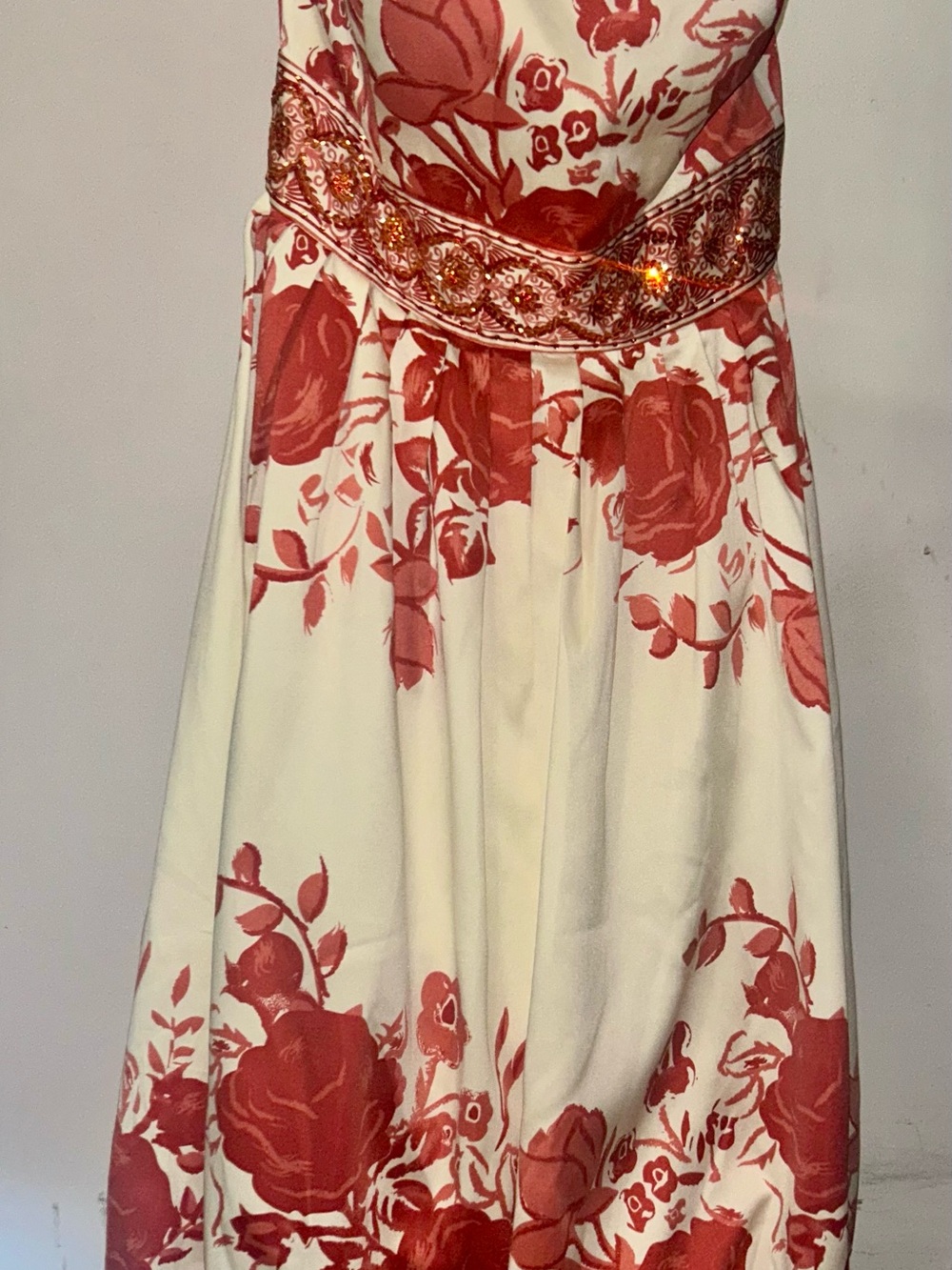 Floral Red and Cream Sleeveless Dress with Embellished Waist and corset piping